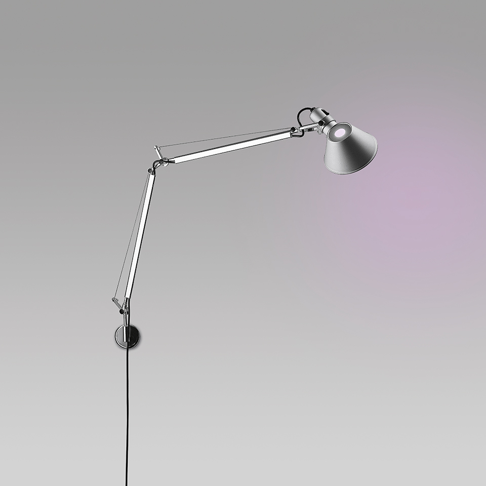 Lampada da parete Artemide Tolomeo Parete in alluminio con doppio braccio regolabile e paralume conico, fissaggio a muro con cavo
