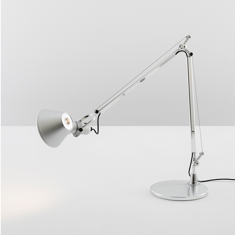 Artemide Tolomeo Tavolo desk lamp in aluminium with adjustable double-arm, conical shade, and circular weighted base