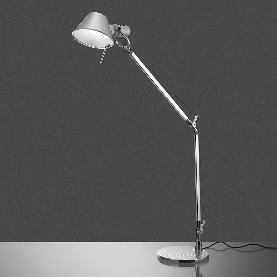 Artemide Tolomeo Tavolo desk lamp in polished aluminium with adjustable double-arm, conical shade, and circular base