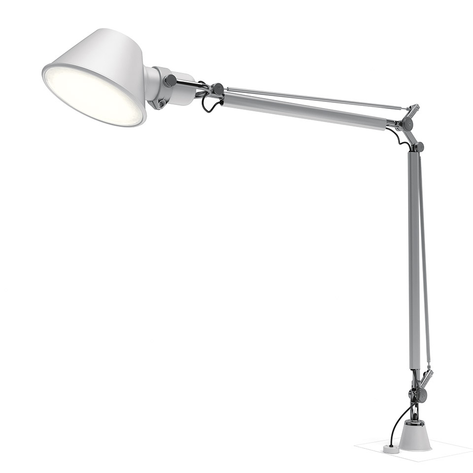 Lampada da tavolo Artemide Tolomeo Micro con braccio in alluminio regolabile, paralume conico bianco e base a morsetto