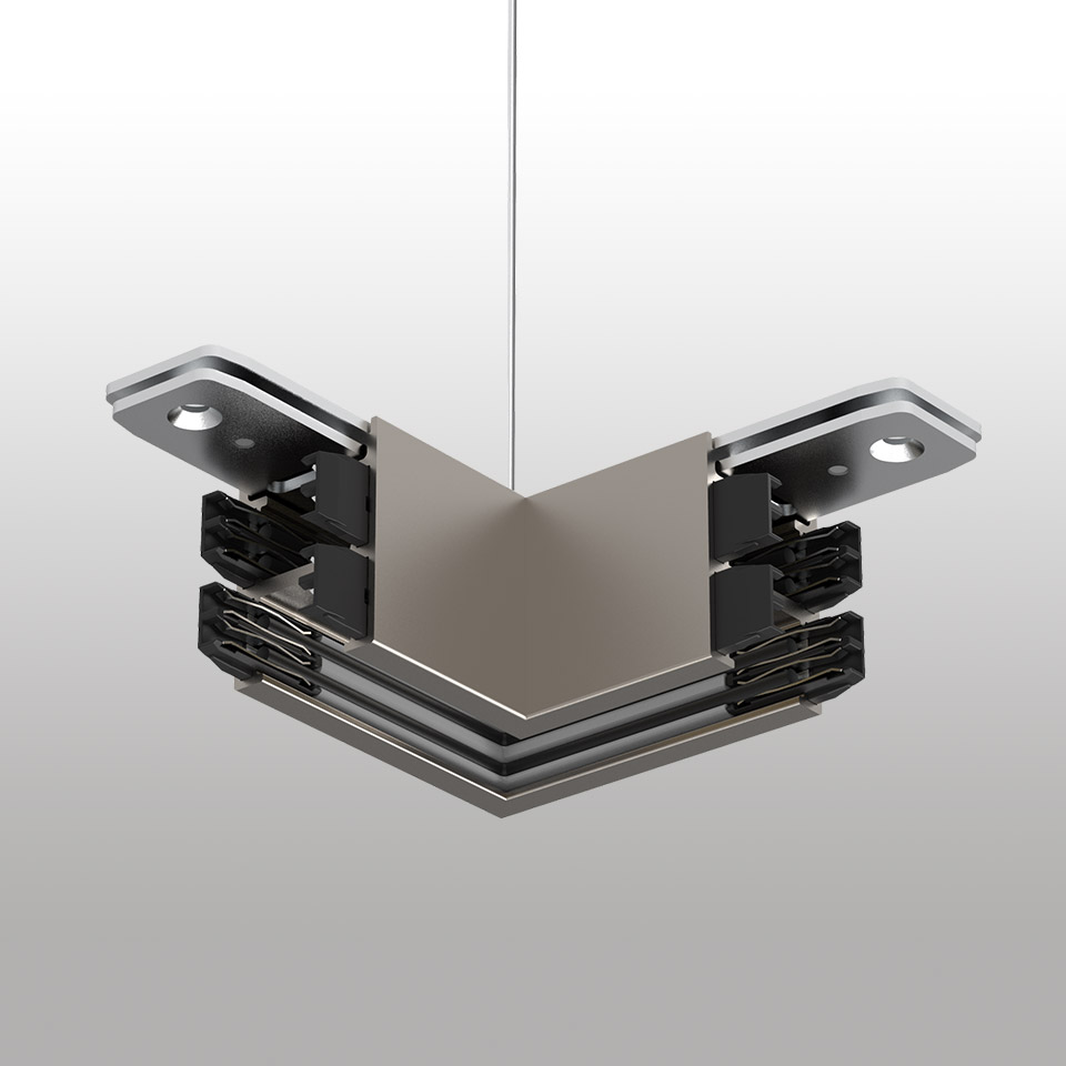 Artemide Turn Around System: connettore a forma di L per binario in argento e nero, sospeso da un cavo per installazione modulare a soffitto