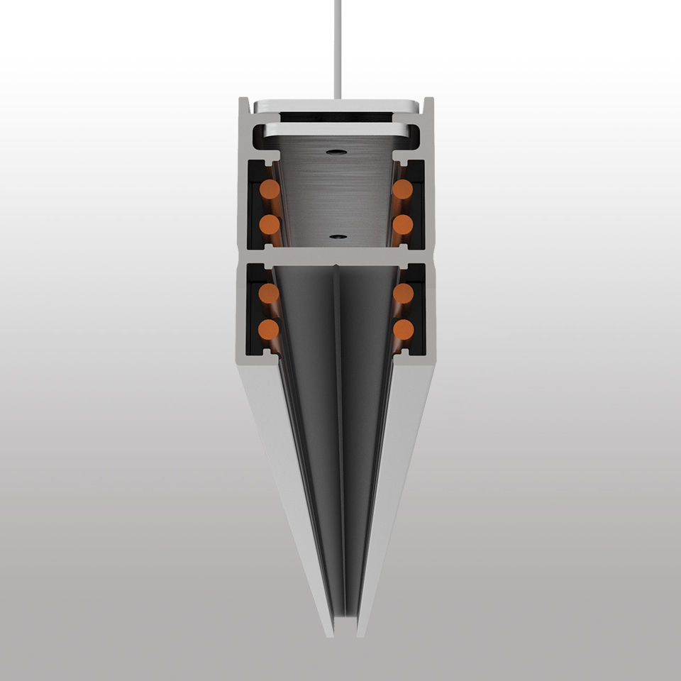 Artemide Turn Around System: apparecchio a sospensione con diffusore conico scuro, profilo in alluminio e contatti elettrici in rame