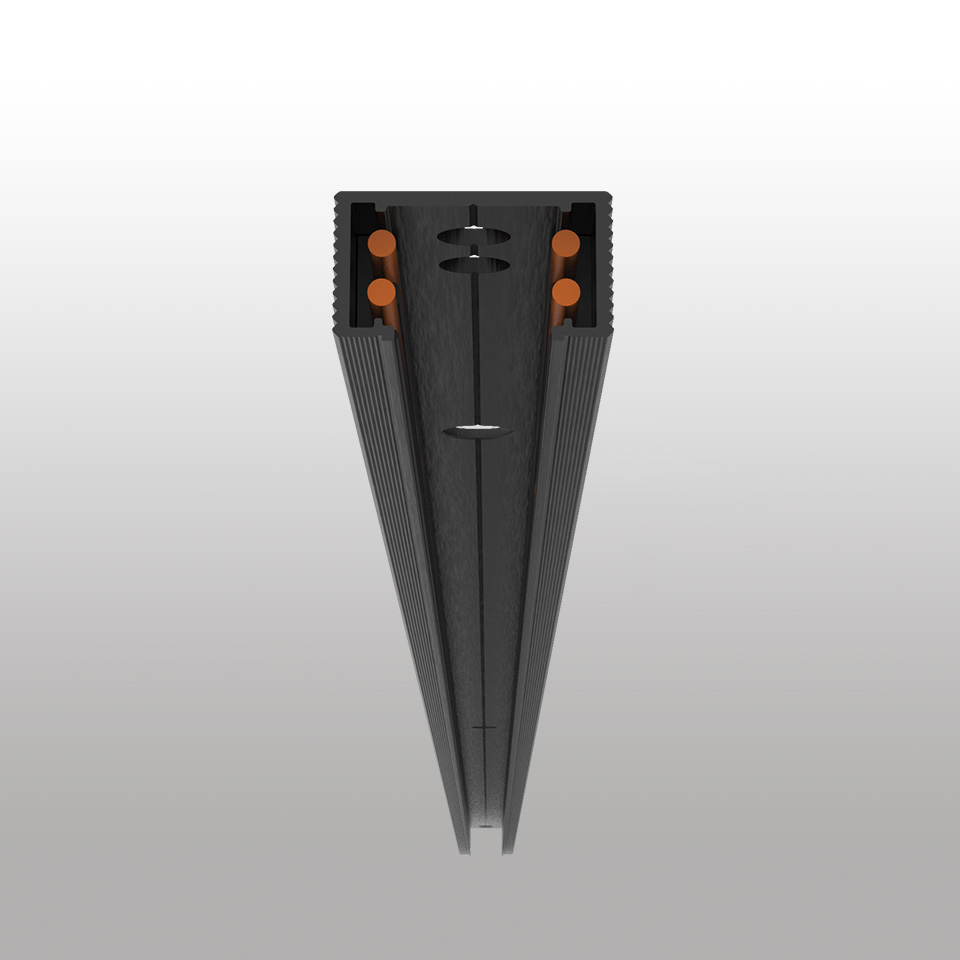 Artemide Turn Around System: sezione binario in alluminio anodizzato nero con contatti elettrici in rame, profilo triangolare per installazione a soffitto