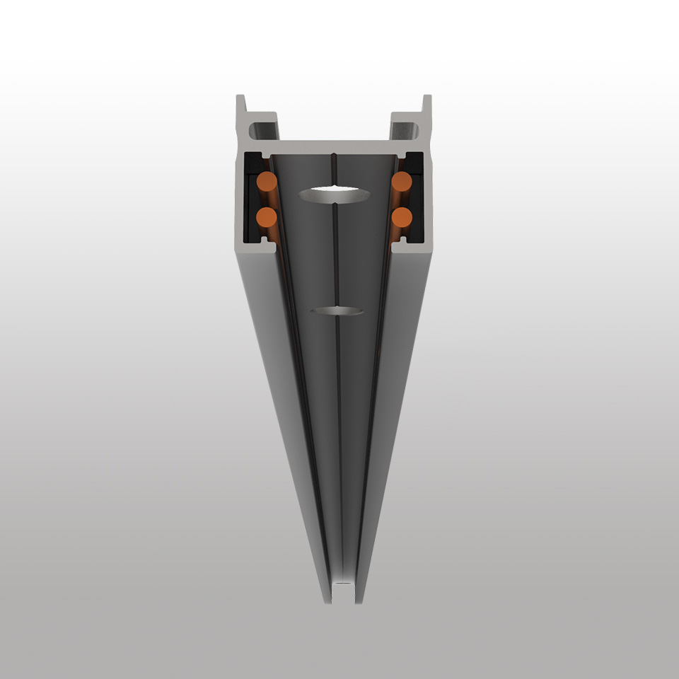 Sistema Turn Around Artemide: sezione trasversale della guida in alluminio grigio scuro con contatti elettrici in rame e slot di montaggio per illuminazione modulare.