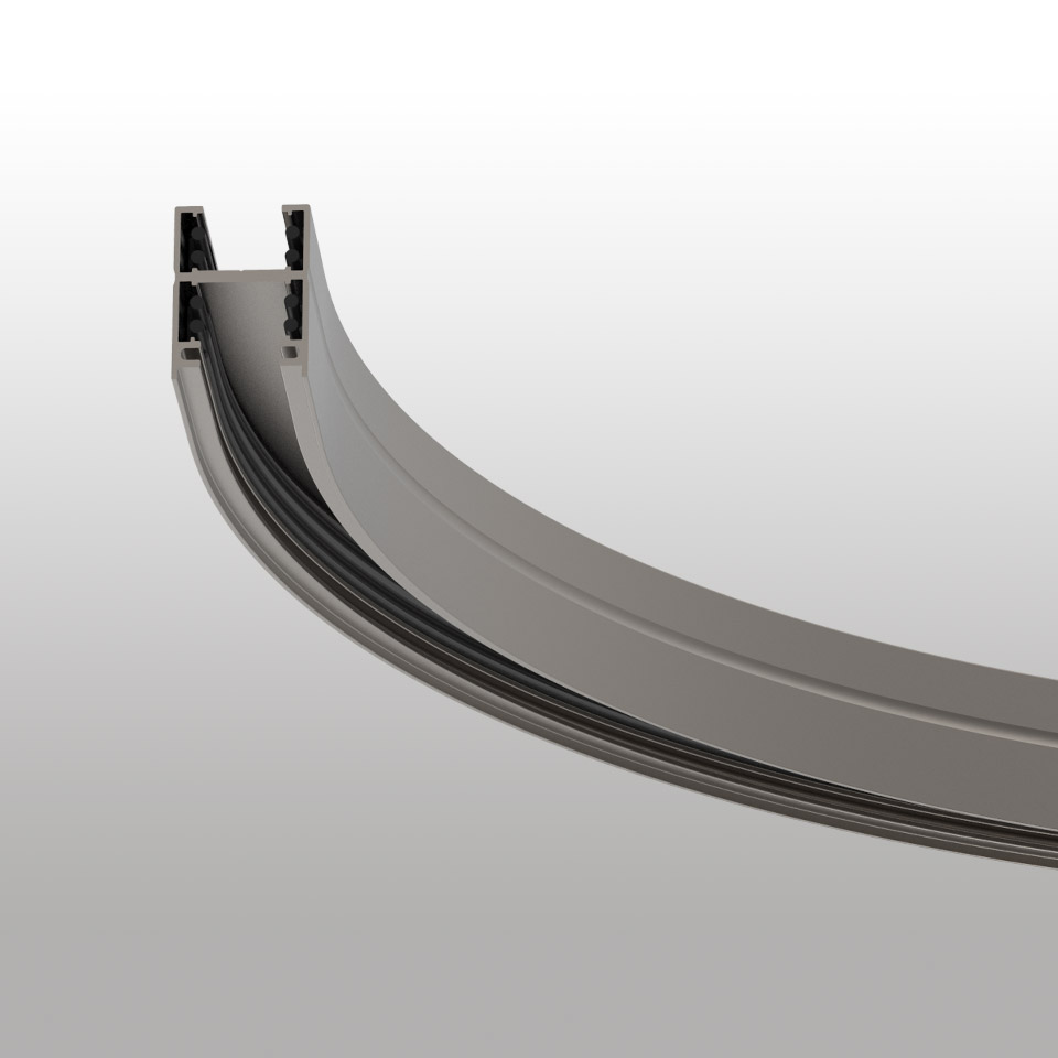 Artemide Turn Around System: sezione curva del binario in alluminio finitura grigia, progettata per installazioni illuminotecniche flessibili
