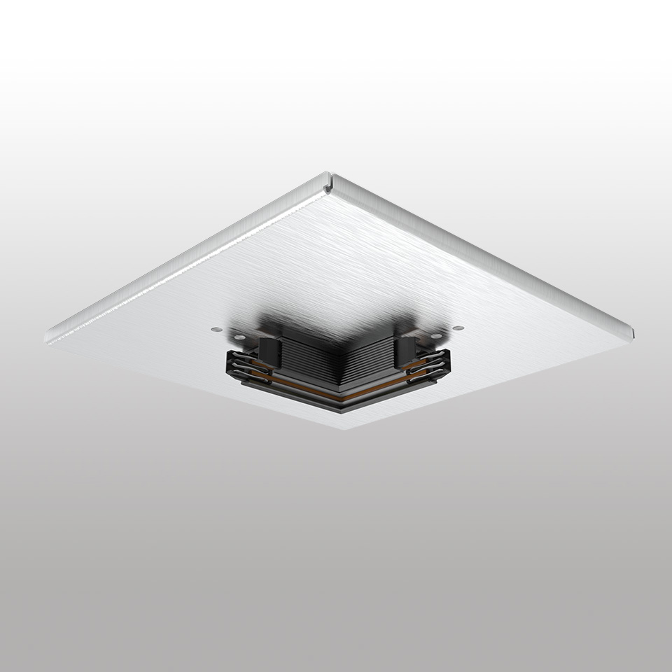 Artemide Turn Around System: piastra a soffitto quadrata in alluminio spazzolato con modulo centrale nero a dissipatore per illuminazione a binario incassato