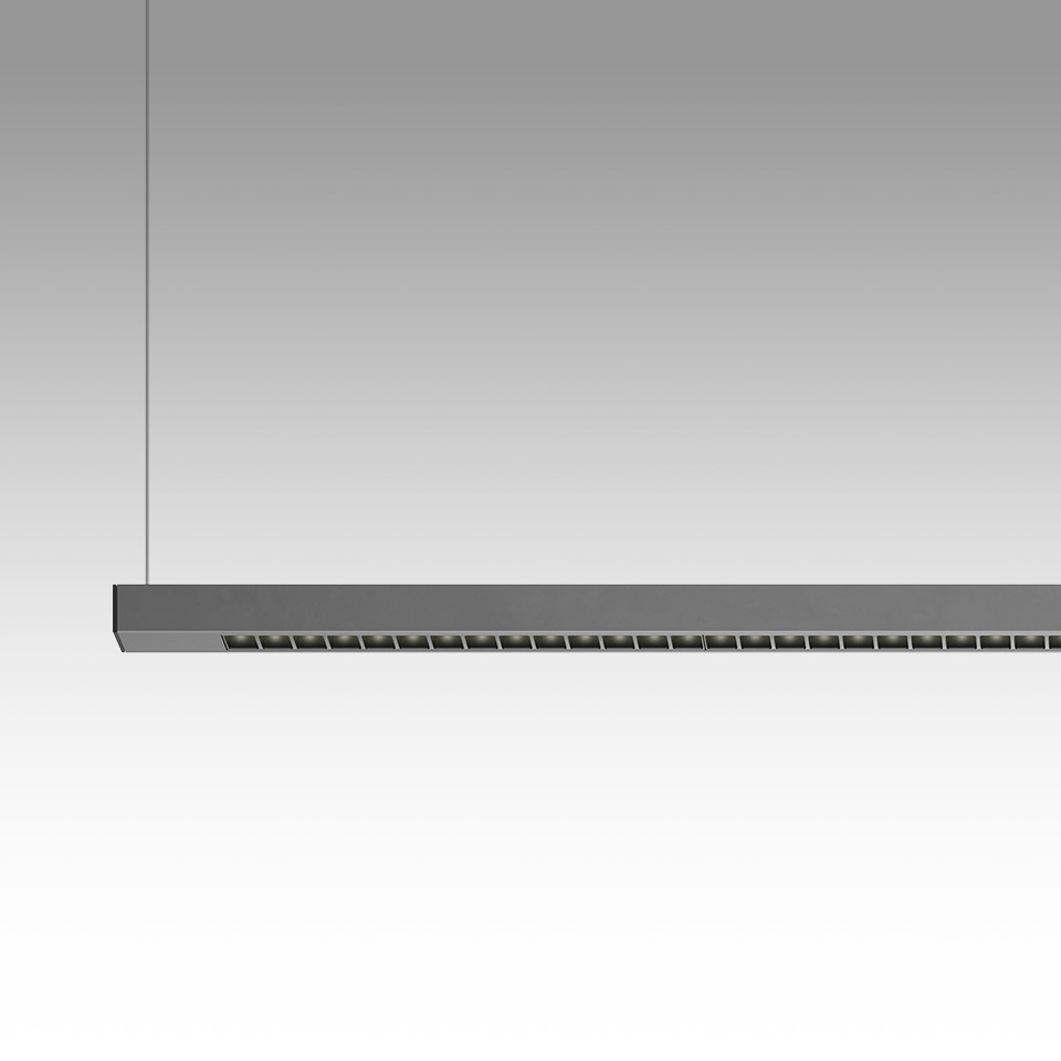 Artemide Turn Around Sospensione: sottile lampada a sospensione LED rettangolare grigia con diffusore a lamelle, appesa da sottili cavi