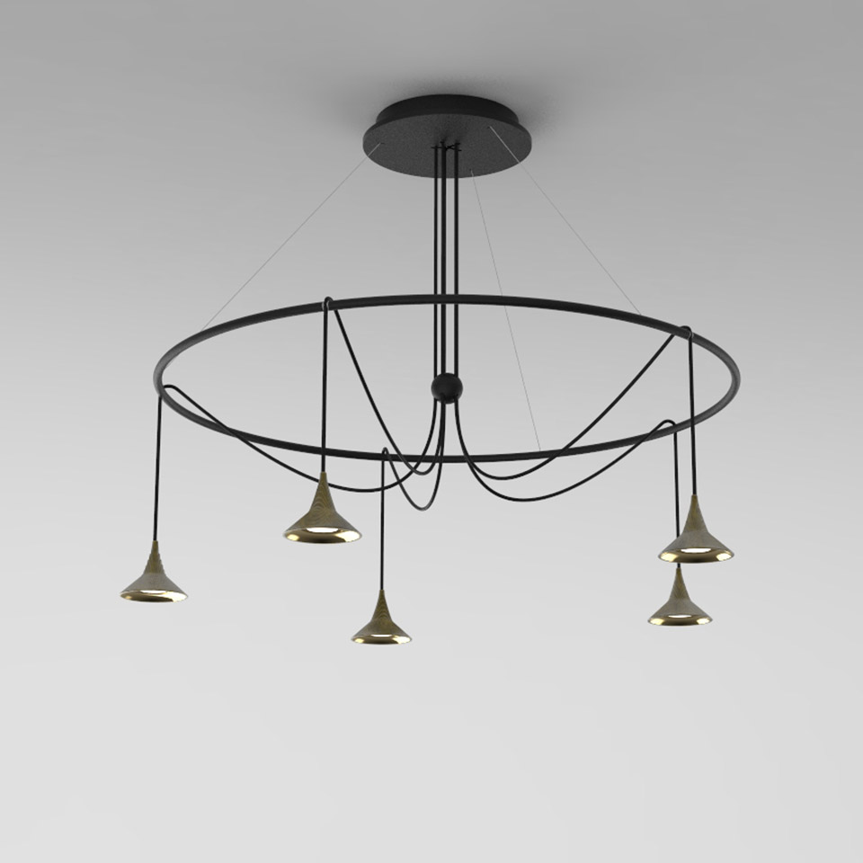 Lampadario Artemide Unterlinden: anello circolare nero con cinque pendenti LED a cono in ottone su cavi neri da rosone centrale a soffitto