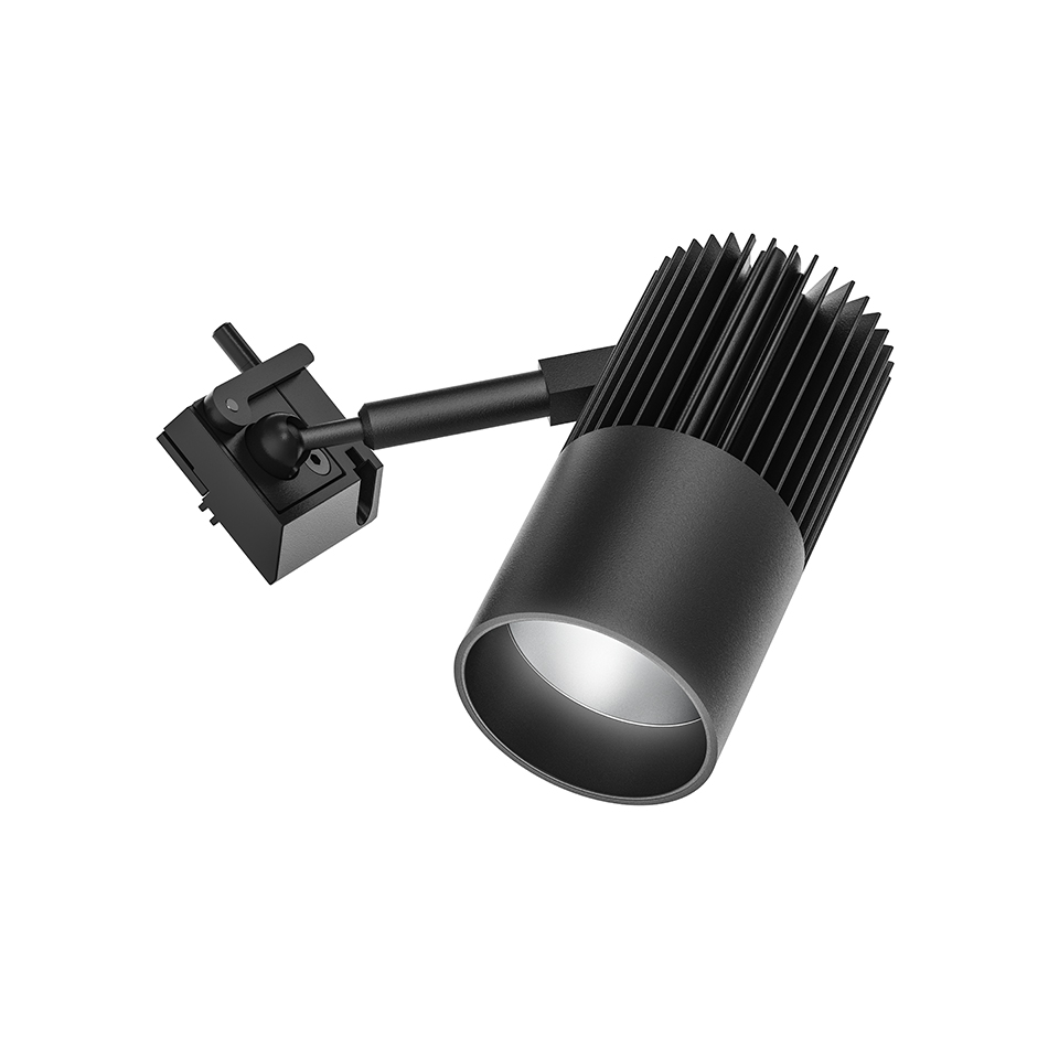 Artemide Vector Channel track spotlight in black, featuring a cylindrical LED head with finned heat sink and adjustable arm mount.