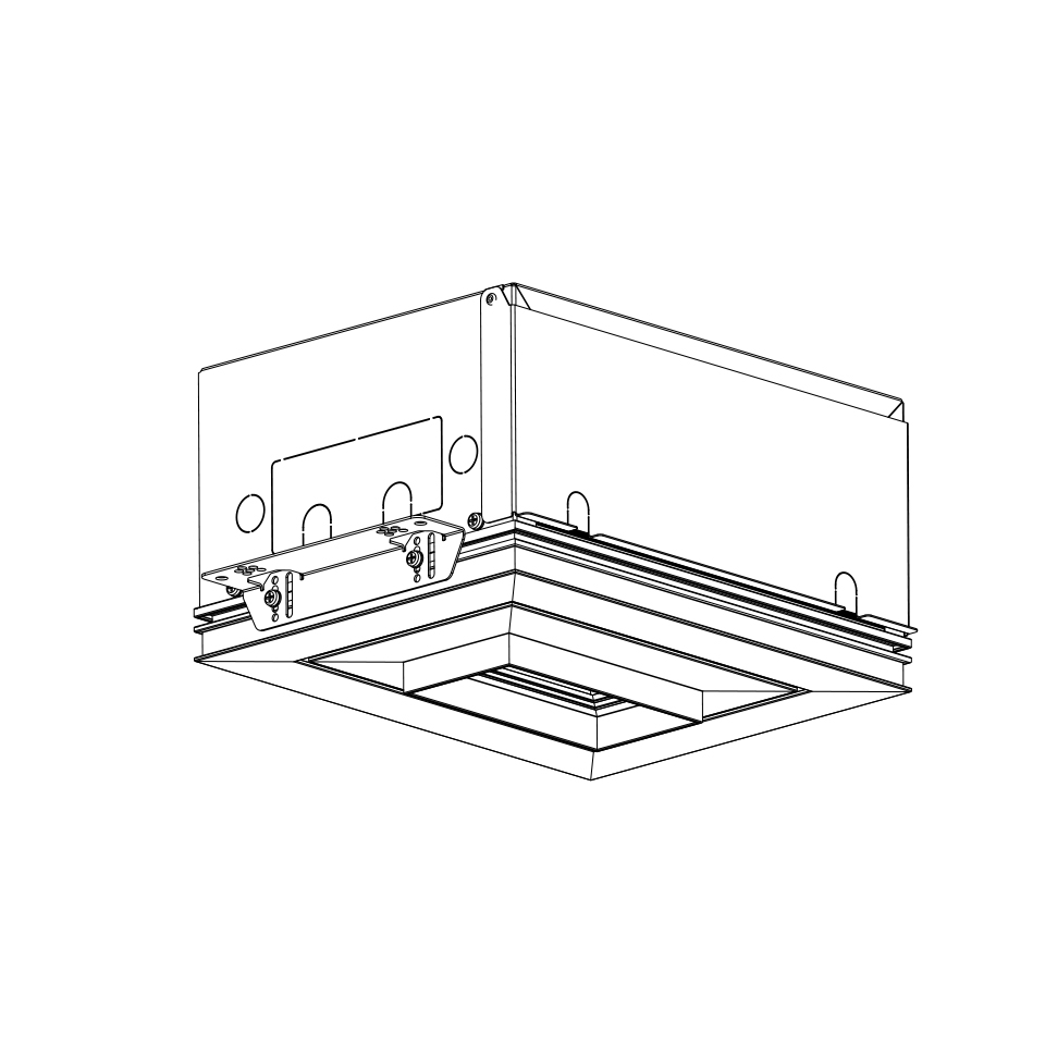 Artemide Vector Channel recessed ceiling fixture, square metal housing with mounting brackets and louvered light aperture, technical line drawing