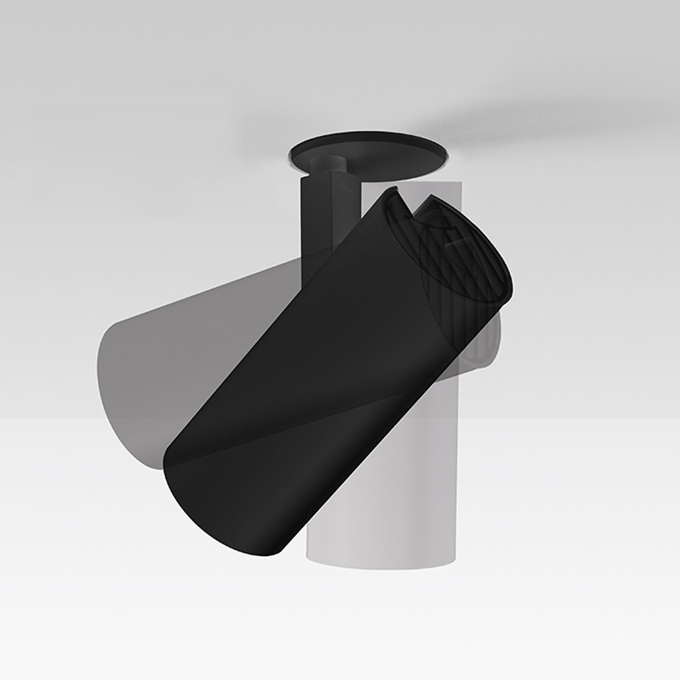 Faretto da incasso a soffitto Artemide Vector nero, con testa cilindrica rotante inclinata per illuminazione direzionale
