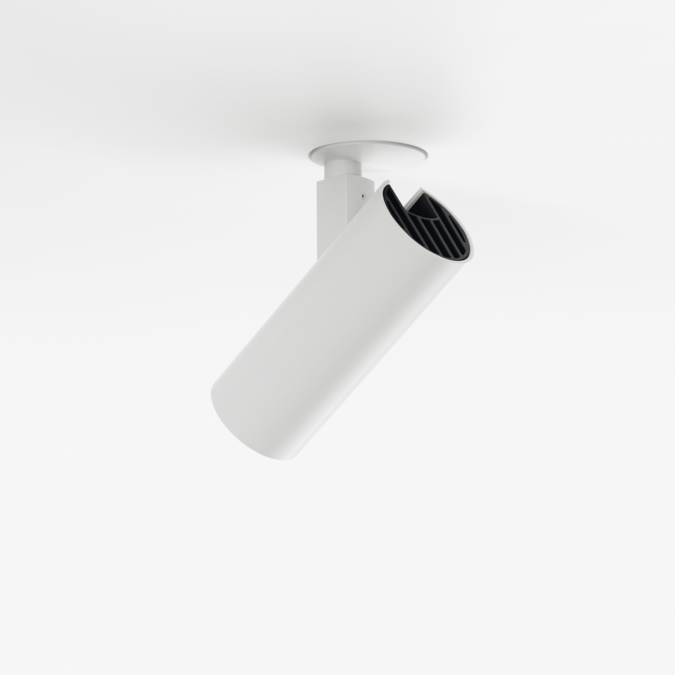 Faretto da soffitto Artemide Vector bianco, corpo cilindrico con griglia antiriflesso nera, testa orientabile a soffitto