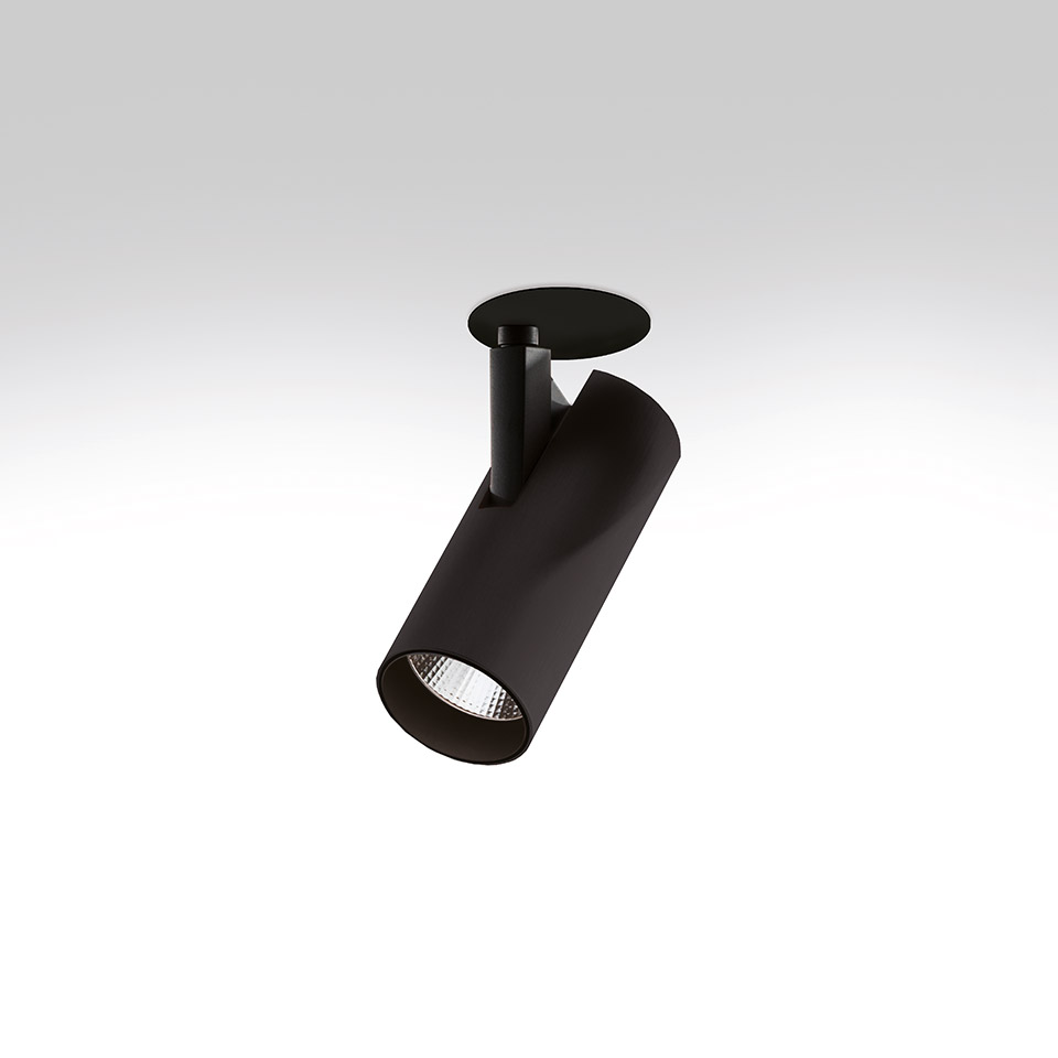 Artemide Vector Semirecessed spotlight: black cylindrical adjustable LED fixture with recessed ceiling mount and angled tubular head
