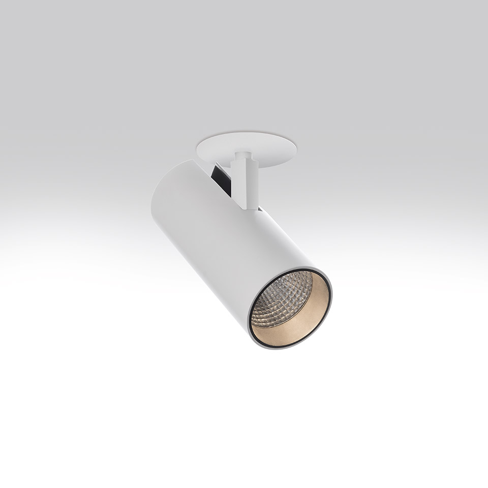 Artemide Vector Semirecessed spotlight: white cylindrical body, adjustable tilt, gold inner reflector with LED lens, ceiling mount