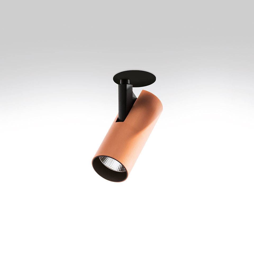 Artemide Vector Semirecessed spotlight: copper cylindrical adjustable head with LED, black recessed ceiling mount