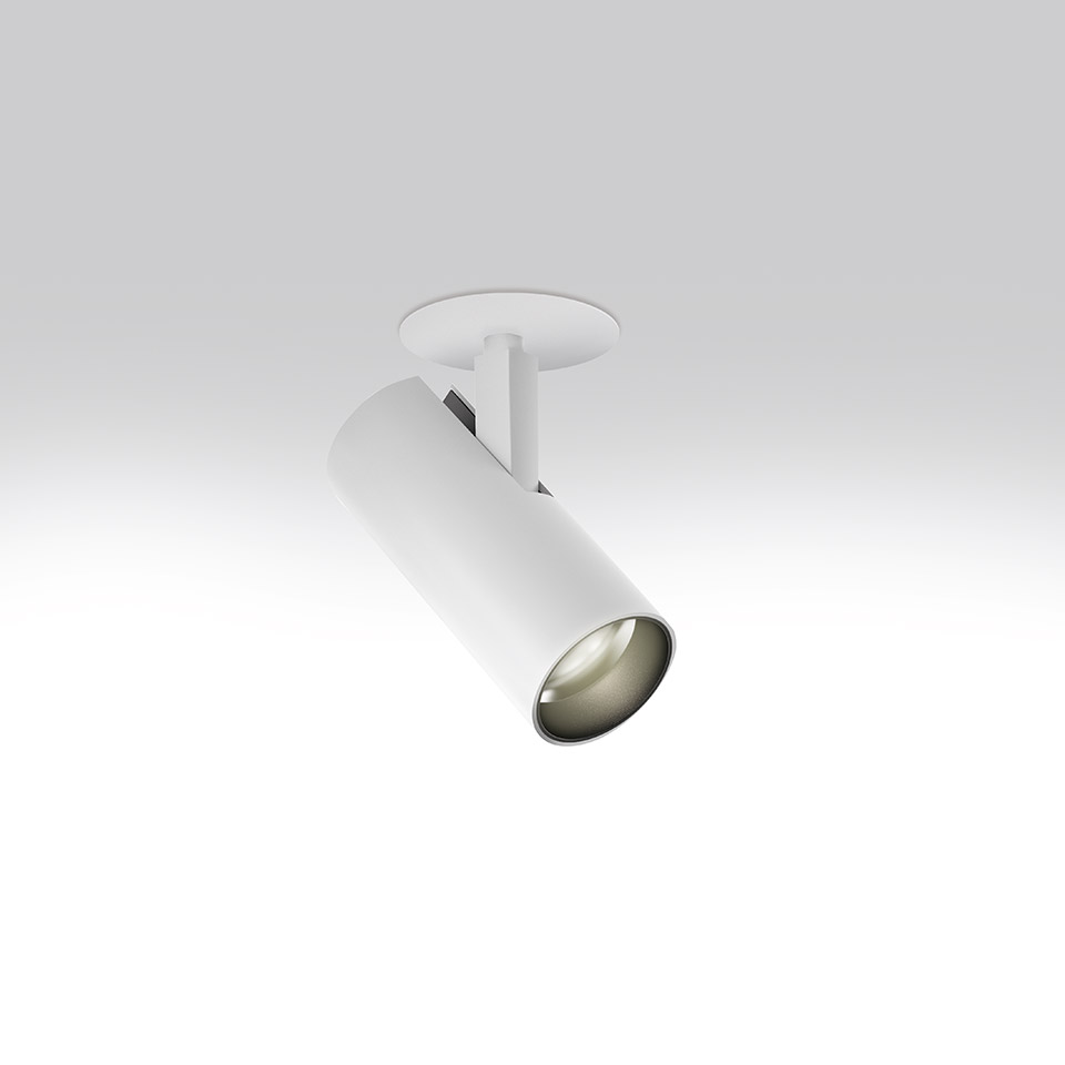 Artemide Vector Semirecessed spotlight: white cylindrical adjustable fixture with chrome interior, partially recessed into ceiling