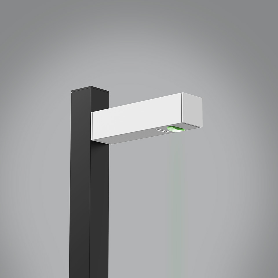 Artemide Walking Palo outdoor floor lamp: white rectangular LED head with green lens on a dark square pole - 2
