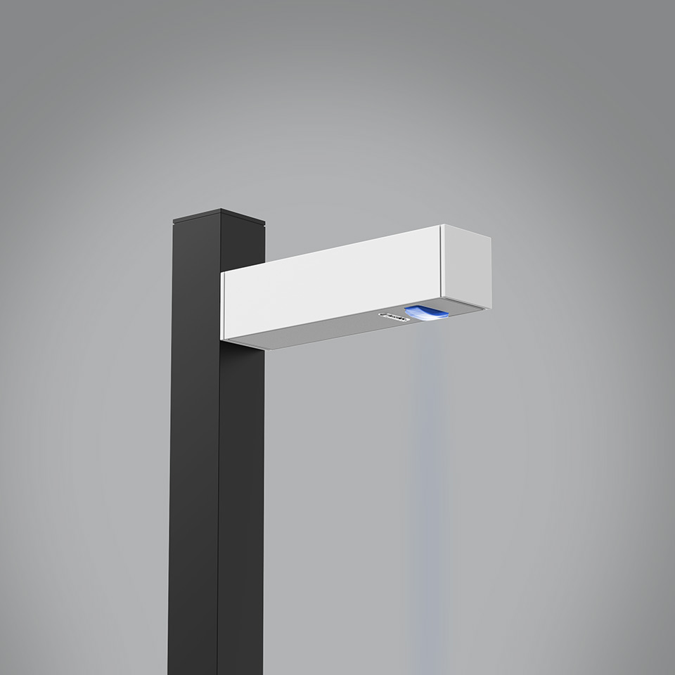 Artemide Walking Palo outdoor floor lamp: white rectangular LED head on dark square pole, emitting directional light with blue accent. - 2