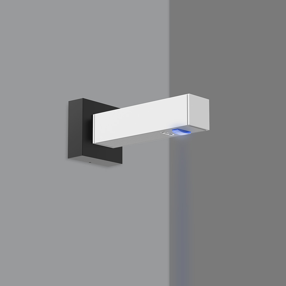 Artemide Walking Parete wall lamp: white rectangular arm extending from black square bracket, with blue LED accent light on corner