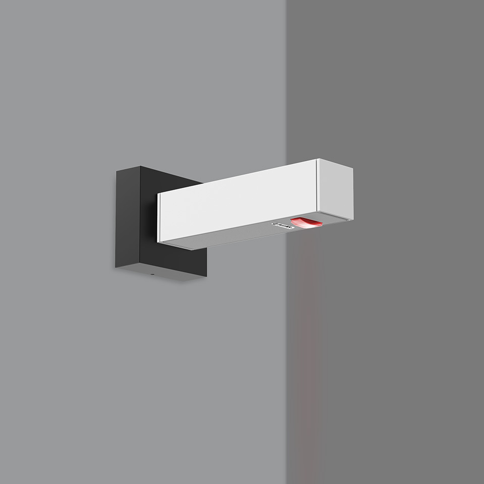 Artemide Walking Parete wall lamp: white rectangular arm extending from dark square base, with red-accented directional LED light head