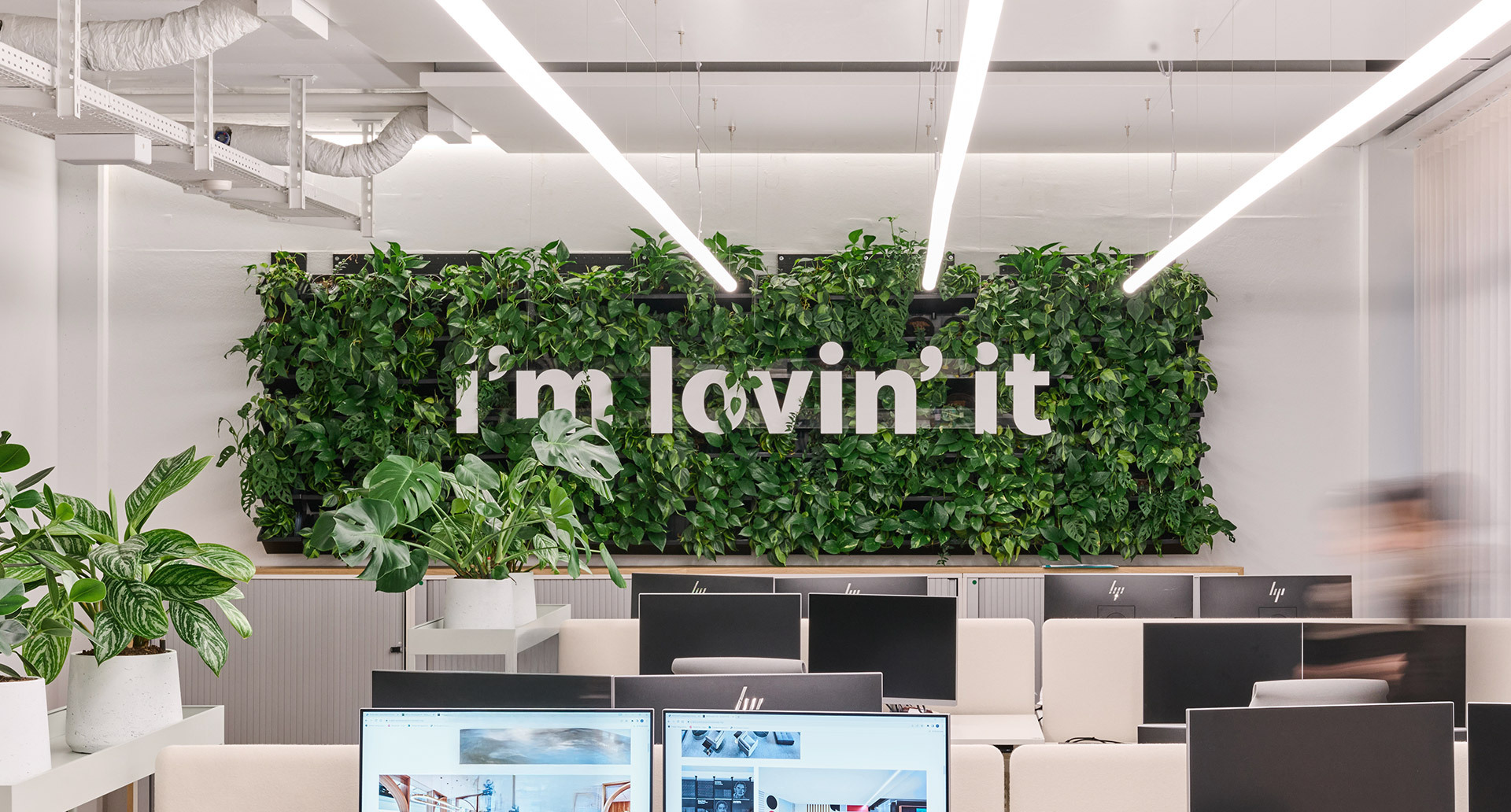 Parete verde con scritta “i’m lovin’ it” in un ufficio moderno con piante e postazioni lavoro.