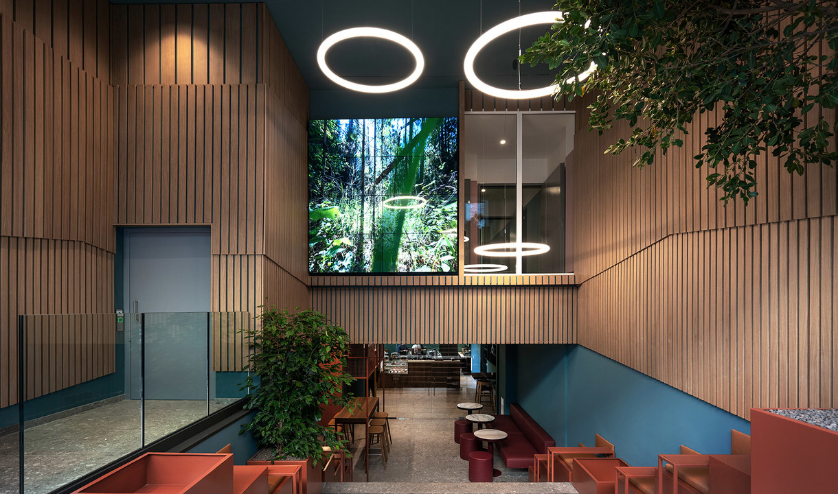 Modern café interior with circular pendant lights illuminating a double-height space with wood-slat walls, lush greenery, and colorful seating.