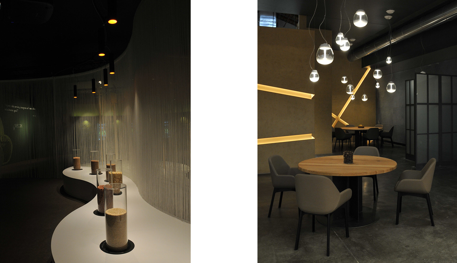 Two Artemide showroom scenes: floor lamps on curved white display left; glass globe pendant lights over round dining table right