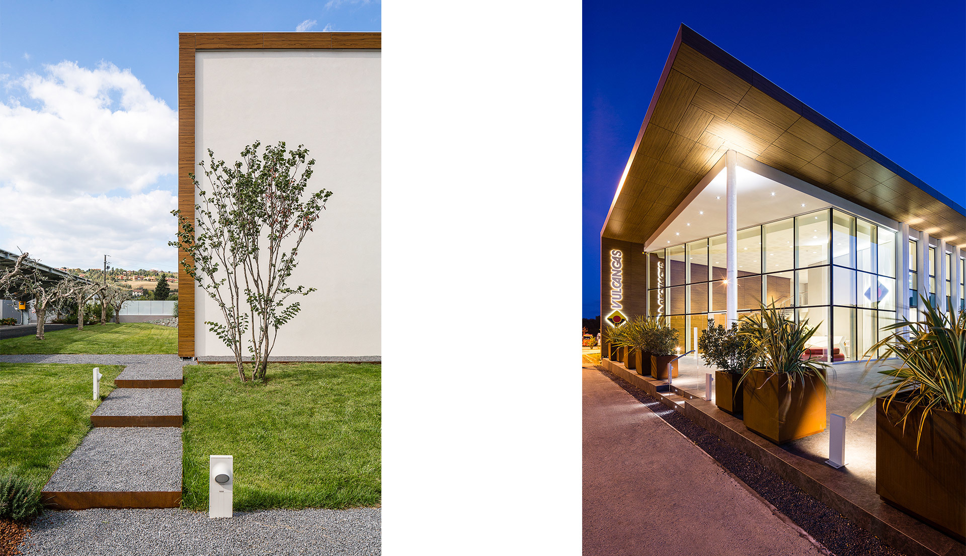 Due ambientazioni architettoniche: vialetto da giardino diurno con segnapasso a terra e ingresso di edificio moderno illuminato al crepuscolo con illuminazione esterna