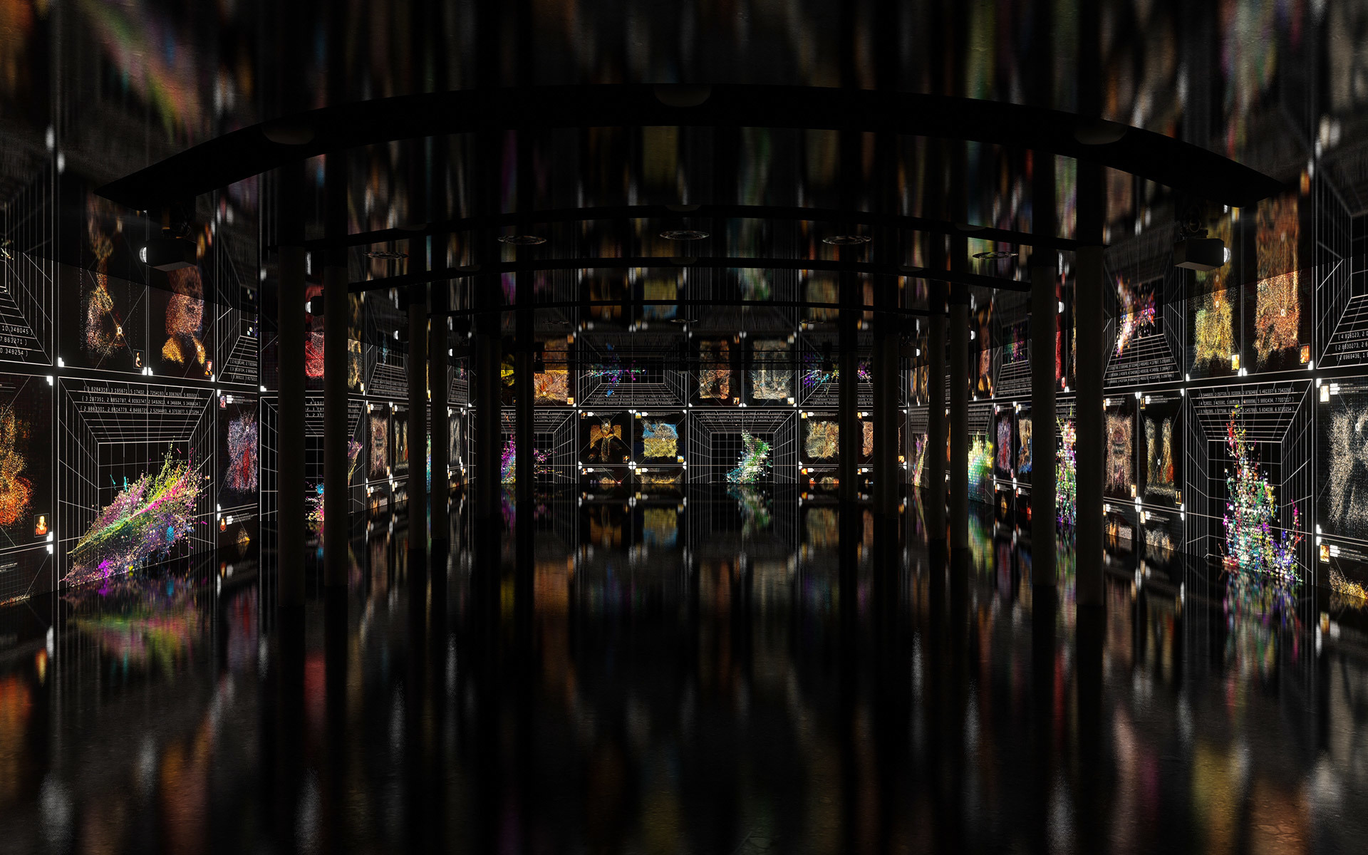 Immersive dark installation with illuminated colorful digital art panels reflected on glossy floor, framed by black structural columns