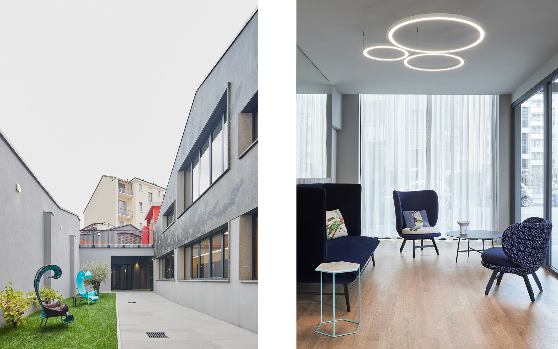 Exterior courtyard of a modern grey building with colorful sculptures; interior lounge with Artemide circular ring ceiling lights above blue armchairs.