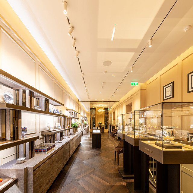 Elegant luxury retail interior with Artemide track spotlights illuminating display cases and shelving along a long gallery-style space.