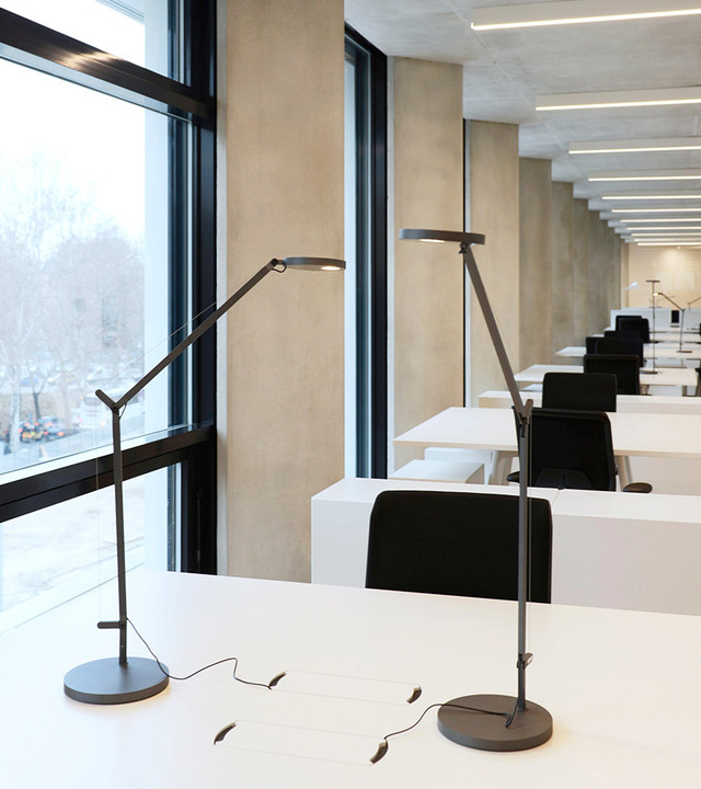 Due lampade da lavoro regolabili Artemide grigio scuro su scrivanie bianche in un moderno ufficio open space con grandi finestre.