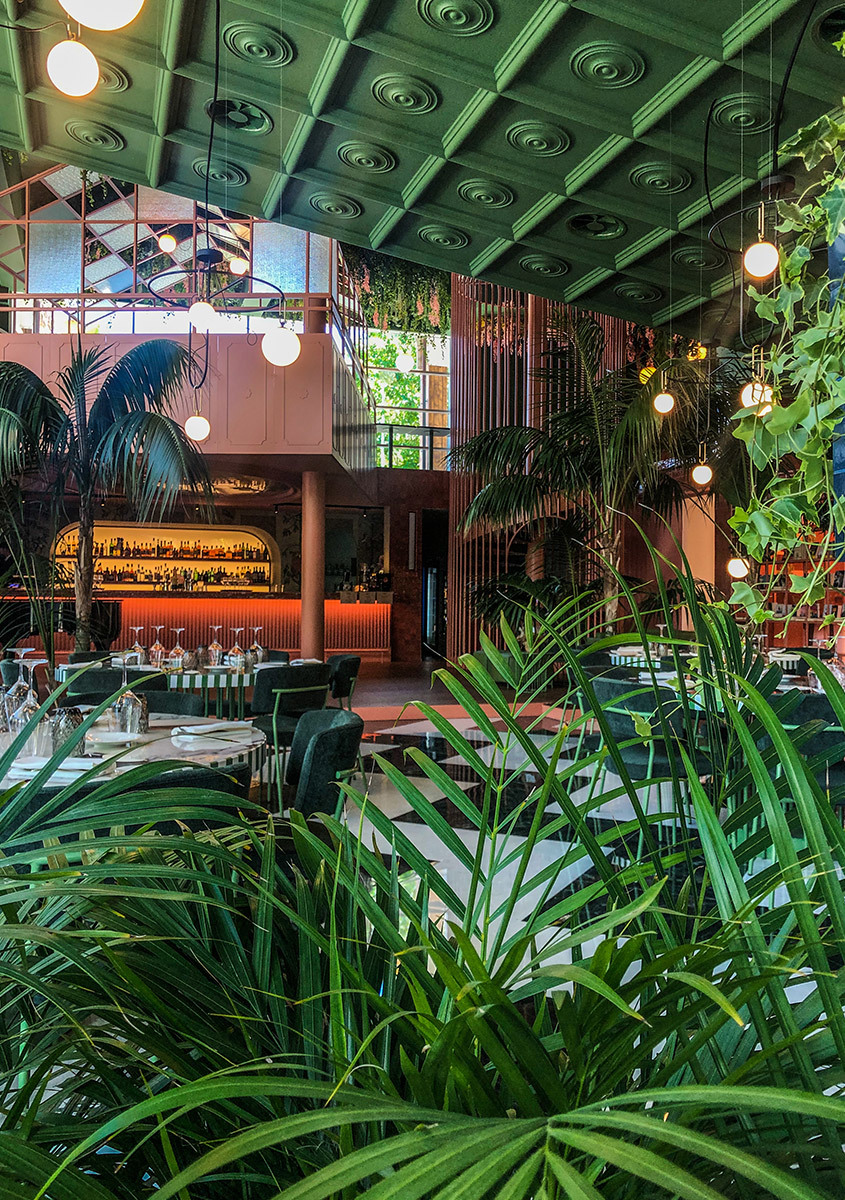 Lush tropical restaurant interior with green ceiling, hanging globe pendant lights, abundant plants, and a warmly lit bar in the background.