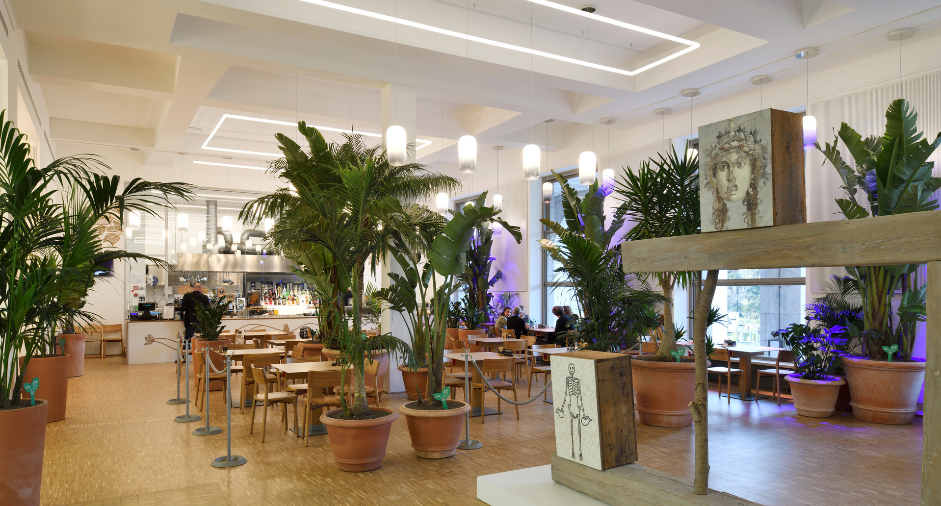Interno luminoso di ristorante con lampade a sospensione cilindriche, rigogliose piante tropicali in vasi di terracotta, tavoli in legno e luci viola