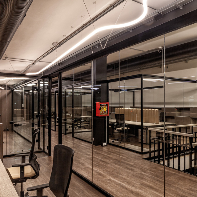 Modern office with glass-partitioned rooms, black metal frames, and sinuous LED ceiling light strips illuminating workstations.
