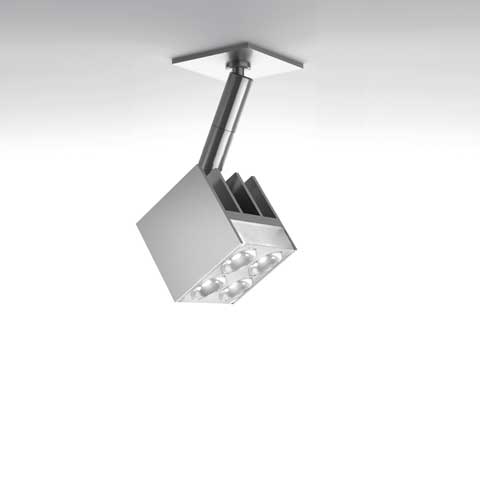 Faretto da soffitto Artemide 37 Cube in alluminio spazzolato con braccio orientabile e testa quadrata a 9 LED montata a soffitto