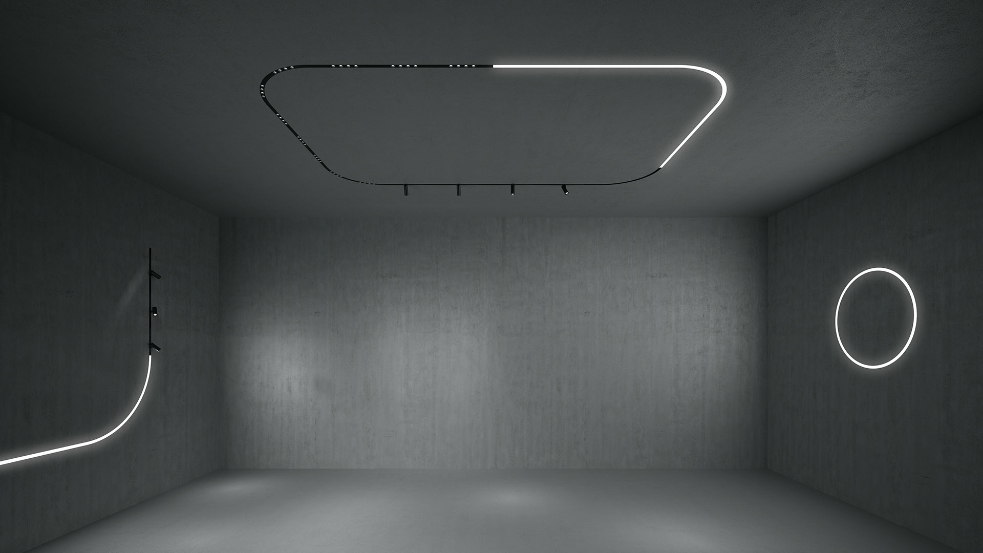 Artemide A.24 linear LED system tracing wall and ceiling corners in a dark room, with a small A.24 Emissione spotlight below