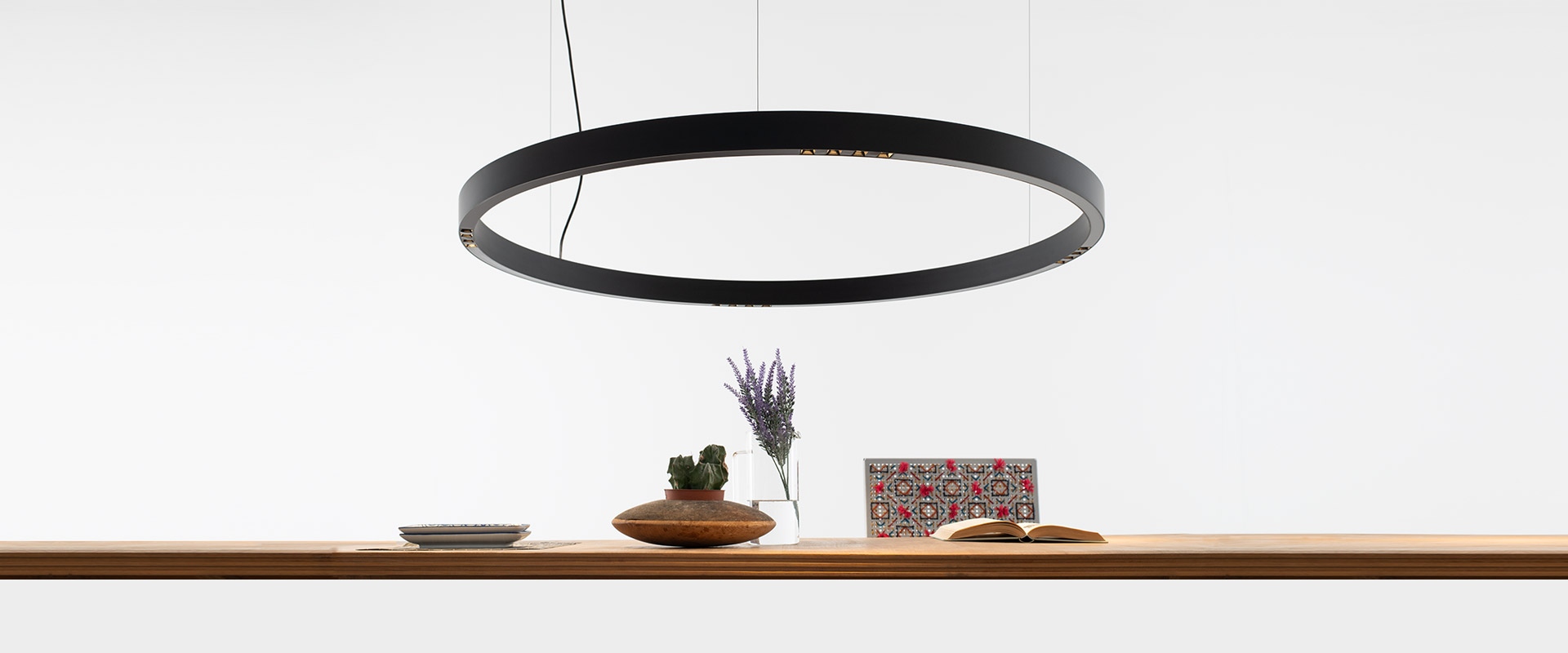 Close-up of Artemide A.24 Circolare Stand-alone pendant light: matte black circular ring with integrated LED modules on suspension cables