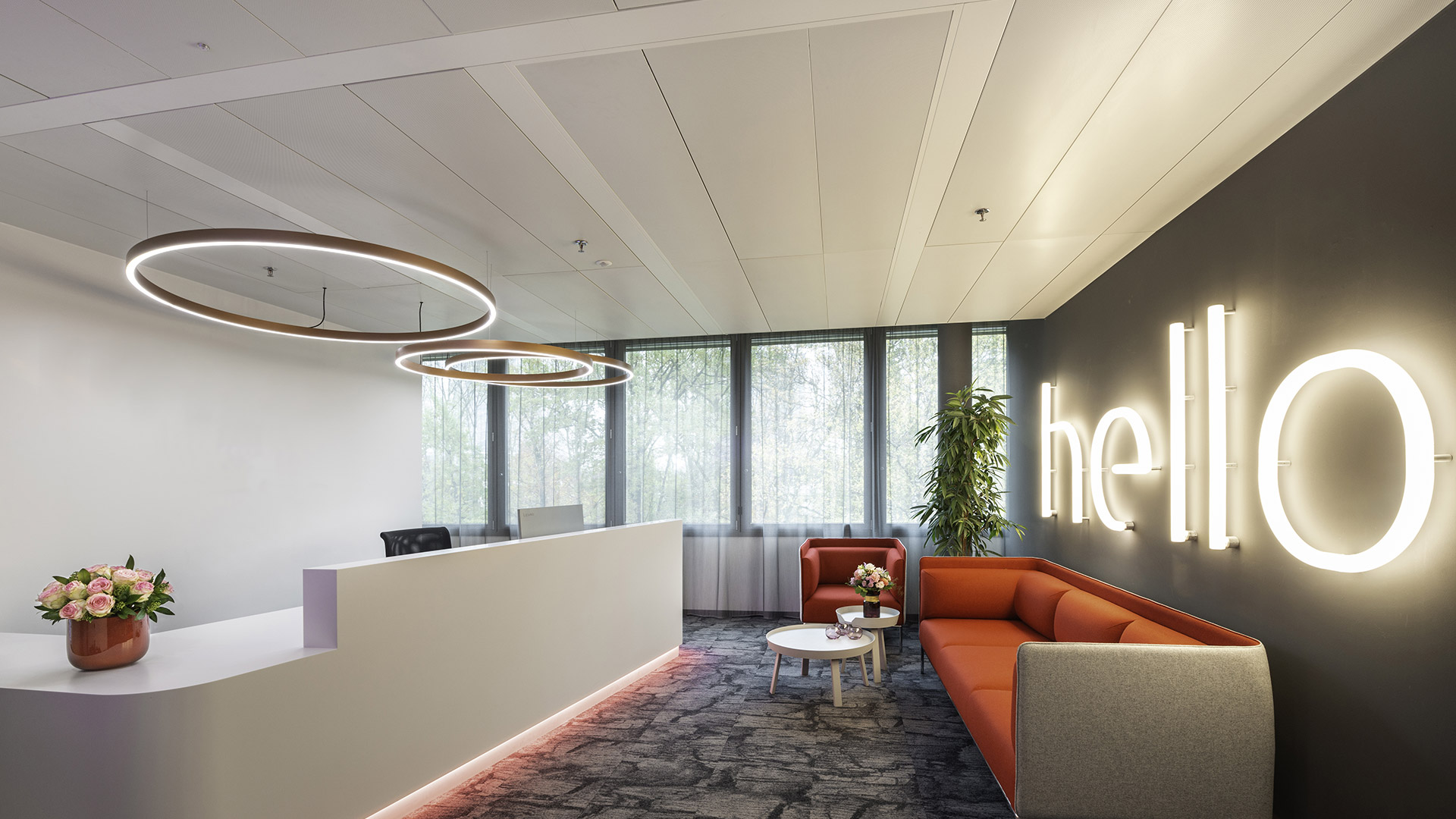 Two Artemide A.24 Circolare Stand-alone pendant lights: black ring on left, larger grey ring on right, emitting warm LED light