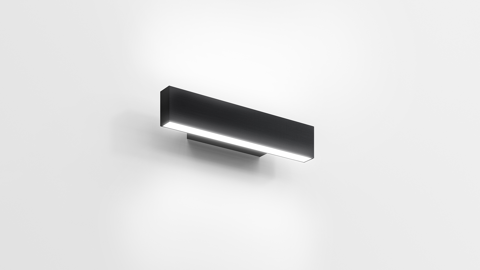 Close-up of Artemide A.24 Parete wall lamp in rose gold finish, rectangular aluminum profile with warm LED light strip mounted on white wall
