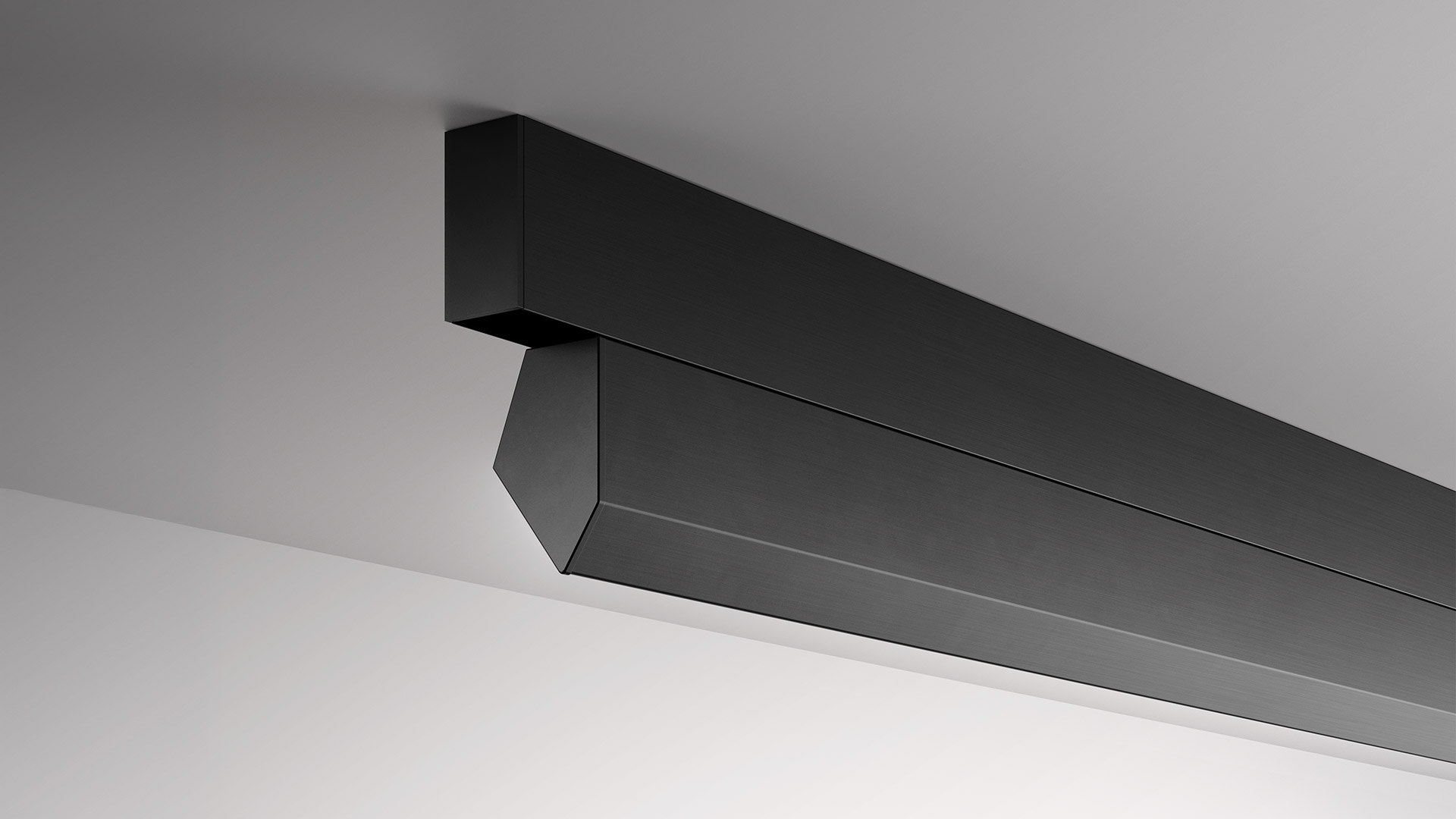 Artemide A.24 Wall Washer: sleek matte black linear ceiling fixture with angular profile, designed for directional wall-washing illumination