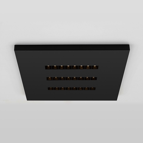 Artemide A.39 Refractive Square ceiling lamp in black, featuring three rows of small LED refractive optics on a flat square body