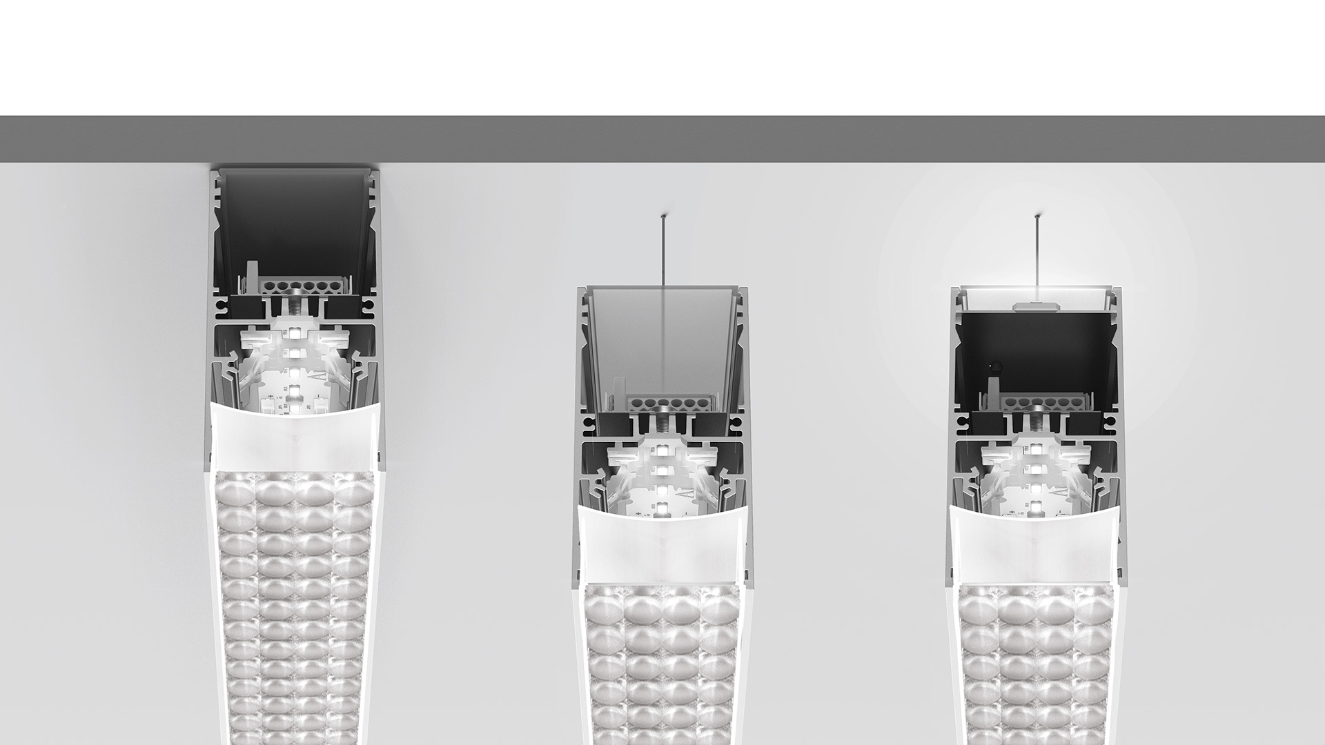 Artemide A.39 pendant/ceiling light: three mounting configurations shown, featuring LED module with controlled emission diffuser in white aluminum profile