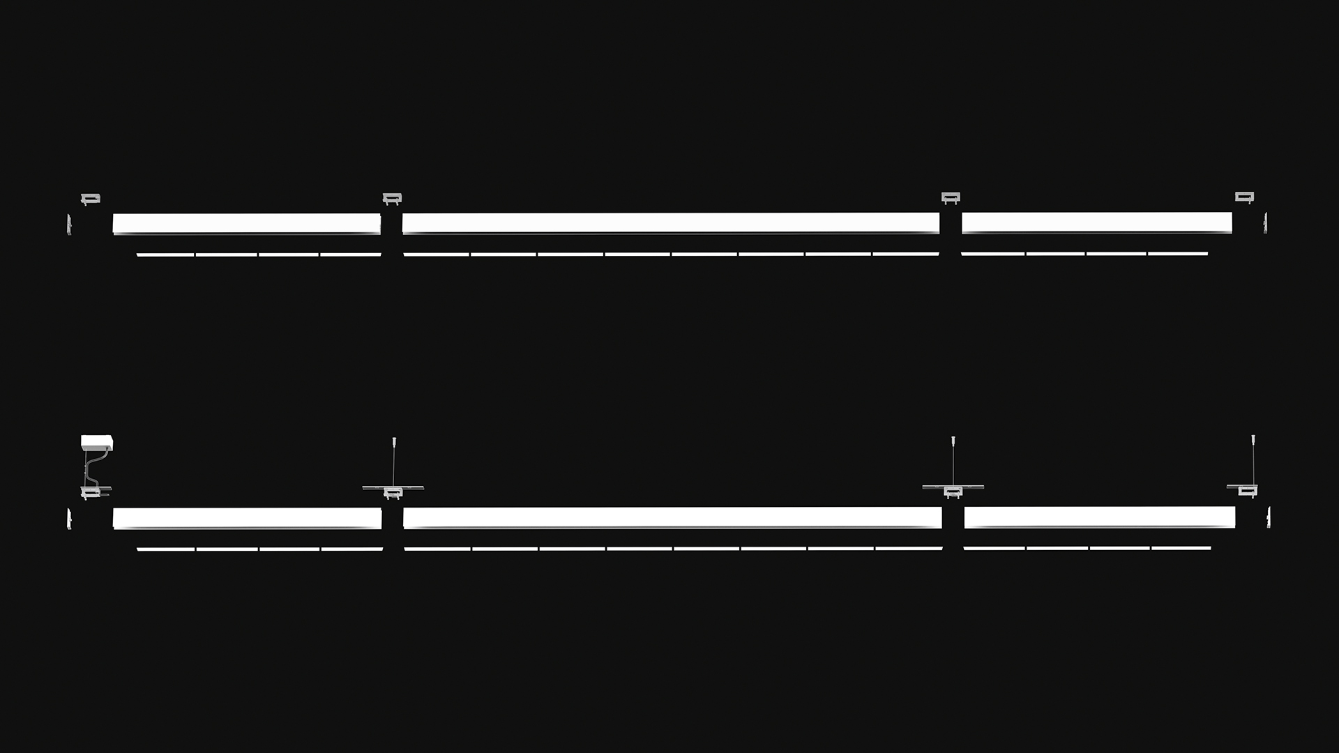 Technical drawing of A.39 suspended/ceiling linear LED fixtures with controlled emission, shown in two configurations on black background