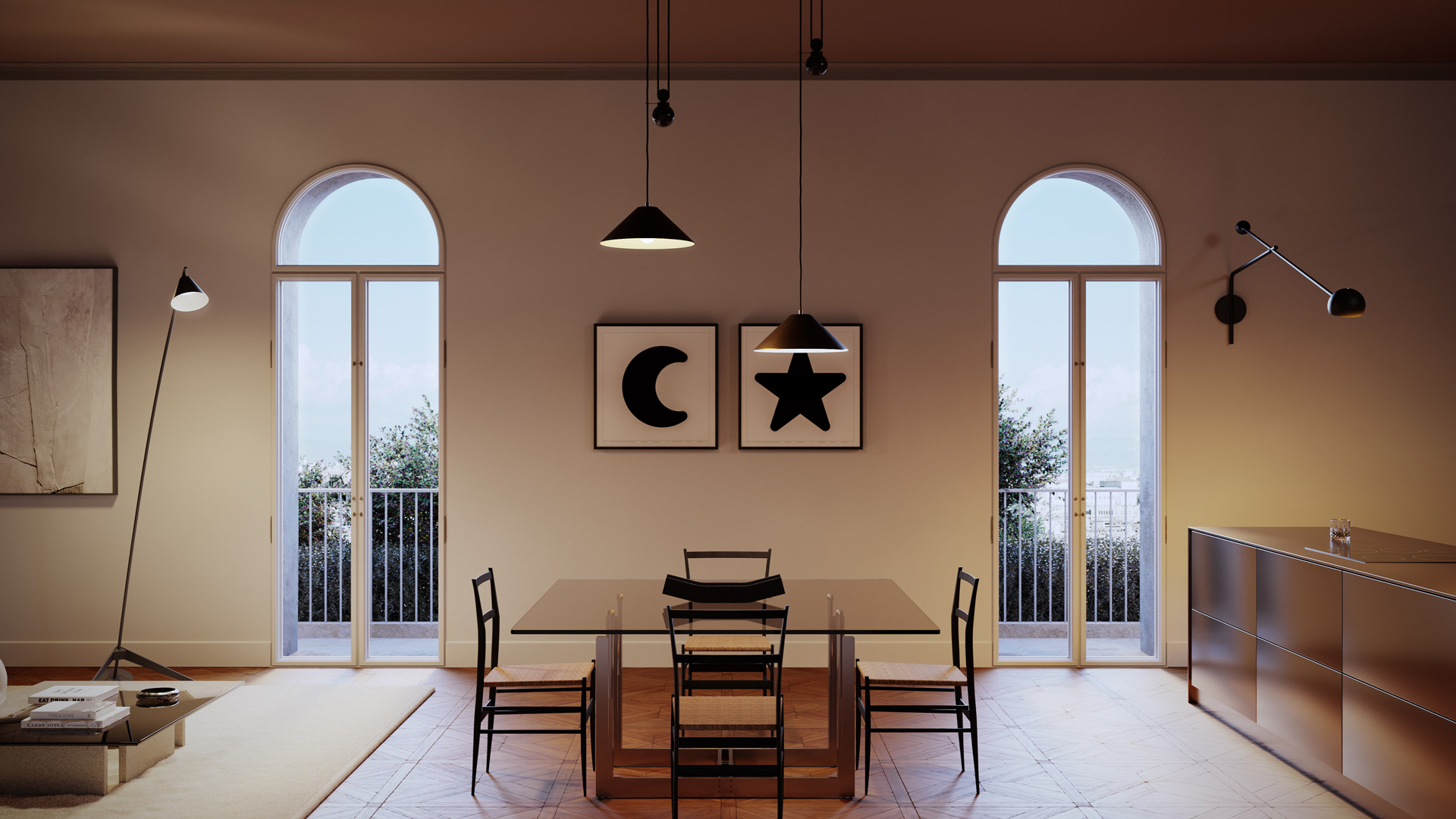 Restaurant interior lit by Artemide Aggregato pendant lamps with dark conical shades, casting warm light over dining tables in an industrial setting