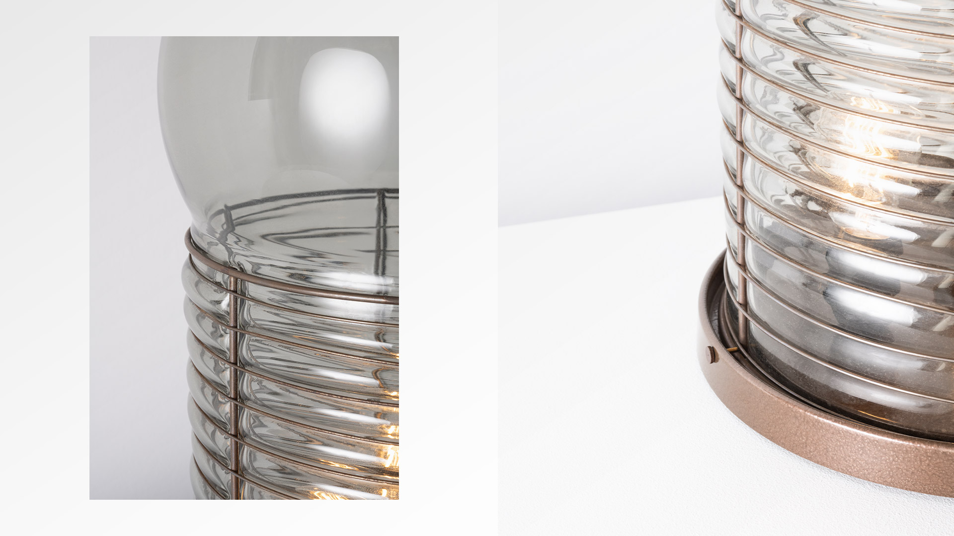 Lampada da tavolo Artemide Alcinoo: unità verticale con gabbia metallica e cupola in vetro, accanto a una seconda unità adagiata su un fianco