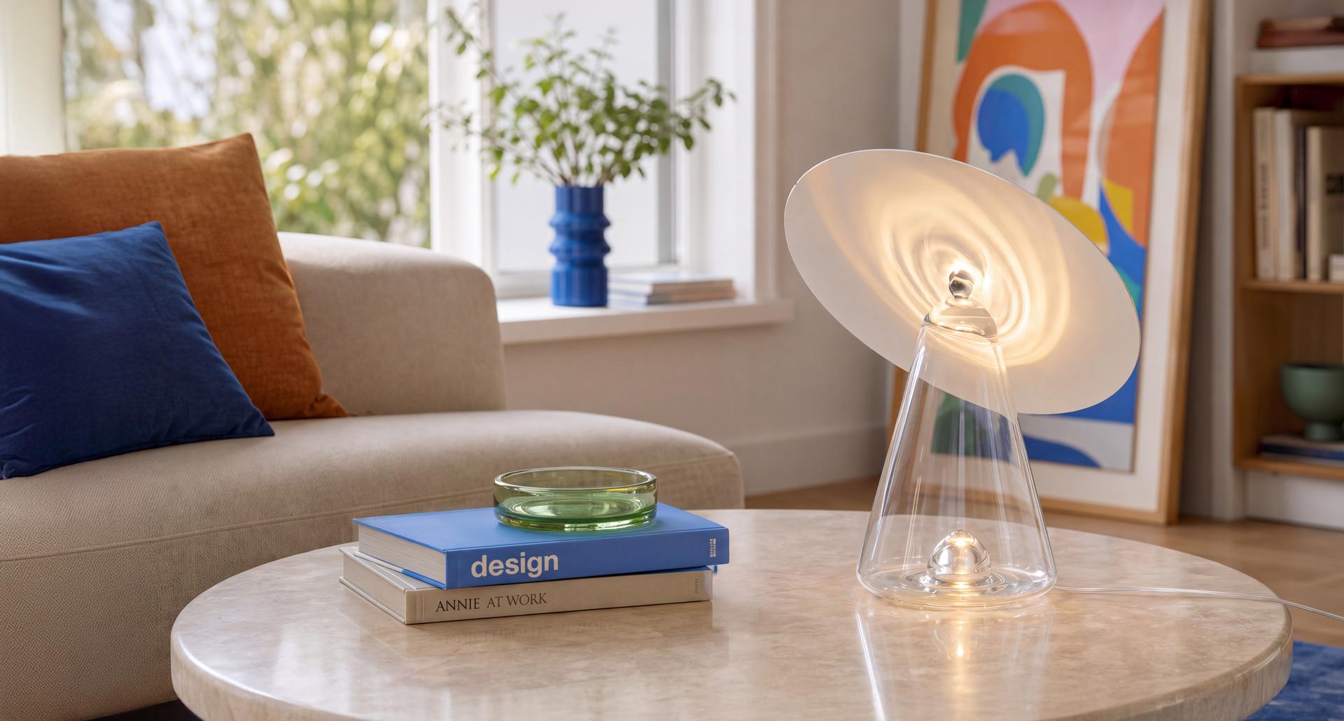 Lampada da tavolo Artemide Boltons con ampio paralume a disco rosso e riflettore argento, in posa con modella in rosso su sfondo blu intenso