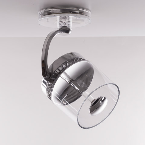 Artemide Cata ceiling spotlight with transparent cylindrical glass diffuser and chrome reflector on adjustable dark arm