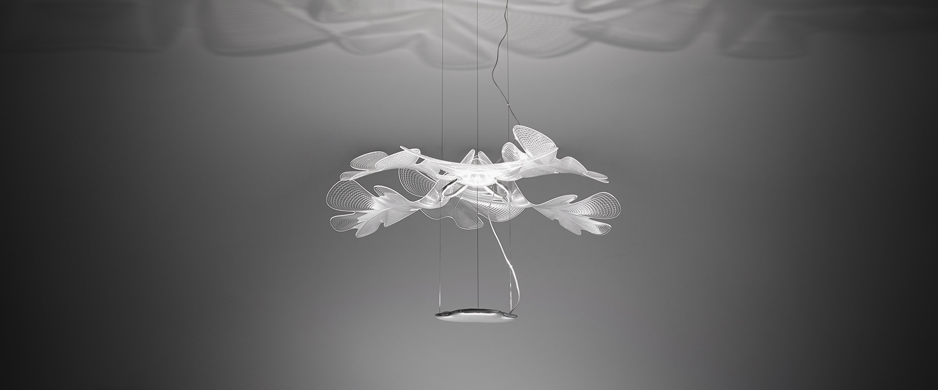 Artemide Chlorophilia chandelier: sculptural transparent acrylic structure with organic leaf-like forms, hexagonal patterns and layered contour lines