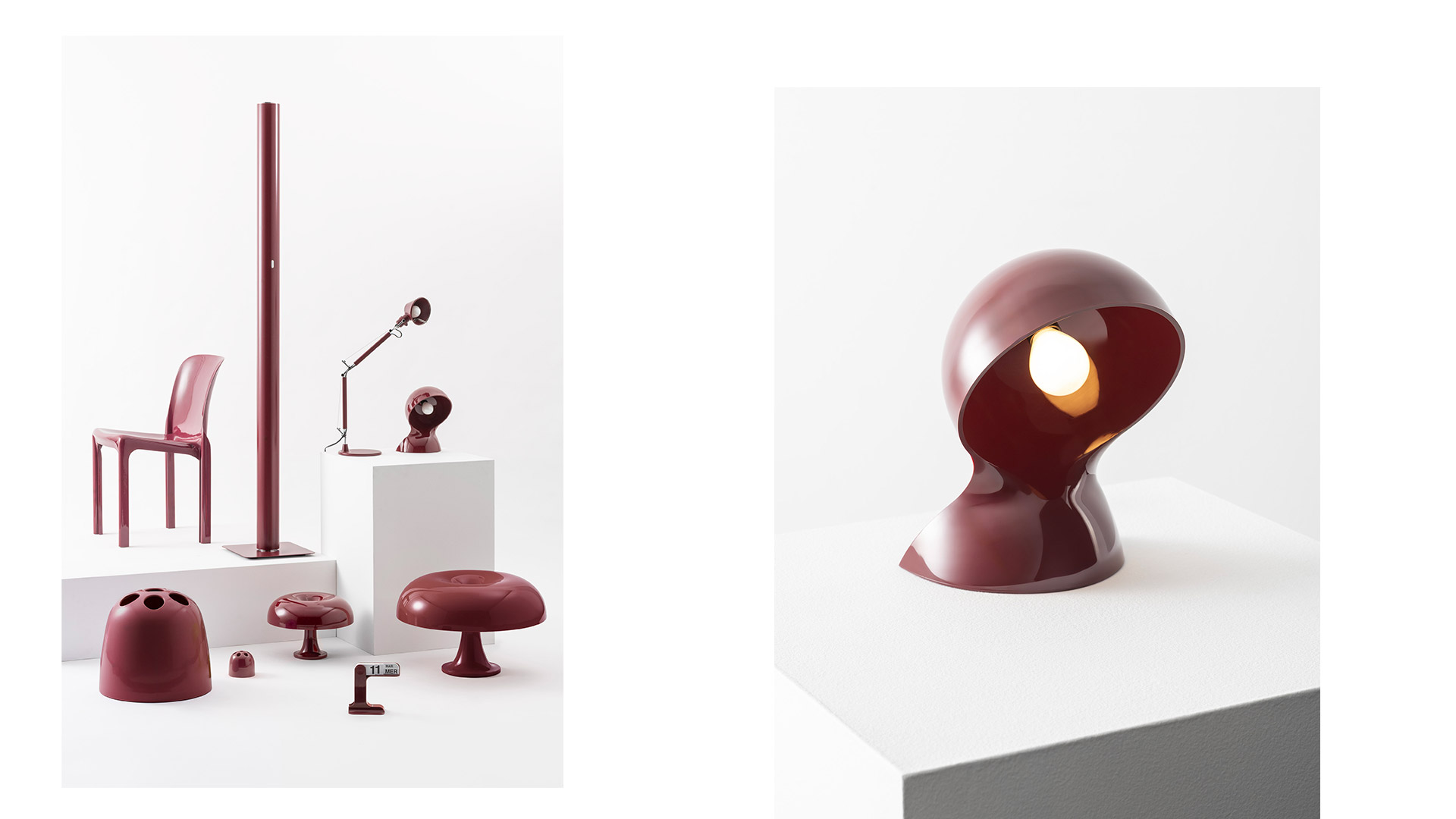 Tre lampade da tavolo Artemide Dalù in arancione, nero e bianco, con paralumi a forma di conchiglia arrotondata che diffondono luce calda direzionale